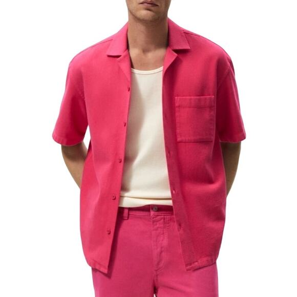 Zara L Mens Cotton Button Front Shirt Bold Magenta Short Sleeves - Picture 1 of 10